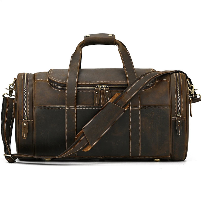 Fashion Genuine Leather Mens Travel Bag Cowhide Luggage Bag For Man Crazy Horse Leather Crossbody Hand Luggage Shoulder Bag 240819