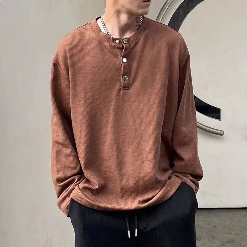 Autumn Winter Pleated Texture Long Sleeve Men T Shirt Buttons Fashion Casual Business Keep Warm 2xl Oversized Pullover Top White 240820