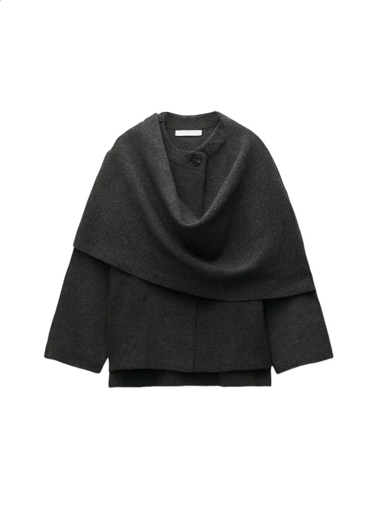 TRAF womens single-breasted chic loose jacket autumn and winter asymmetric scarf solid colour knitted coat jacket 240813