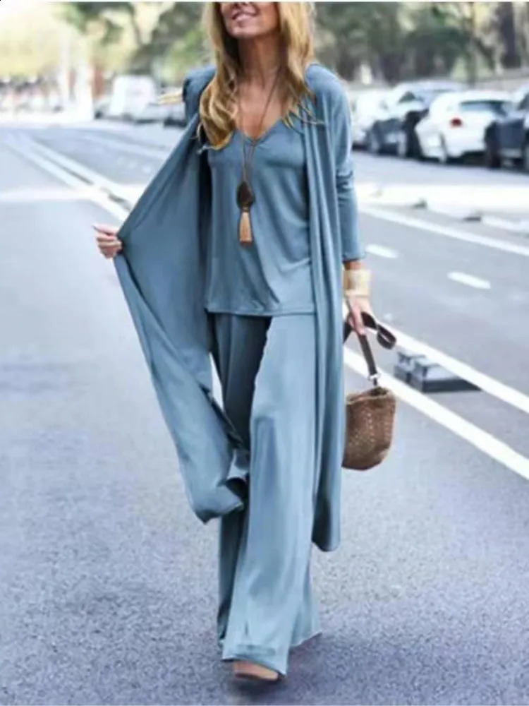 Spring Autumn Women Casual Loose 3 Piece Set Fashion V-neck Halters Straight Pants Long Cardigan Female Solid Color Suit 240819
