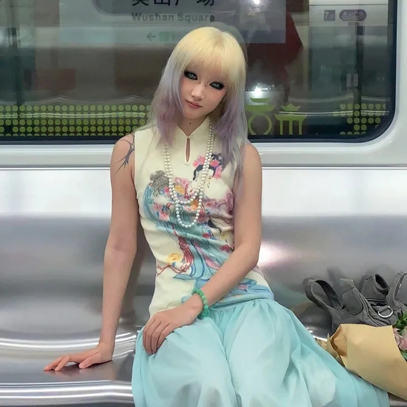 Karrram Japanese Y2k Ribbed Tank Top Fairycore Print Sleeveless Tops Vintage Harajuku Slim Tanktop 2000s Aesthetics Clothes 90s 240819