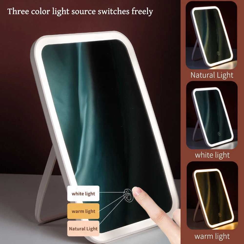 LED Makeup Mirror Three-tone light HD Eye Protection Silver Mirror Rechargeable Table Folding Ins Style Portable Vanity Mirror Y240819