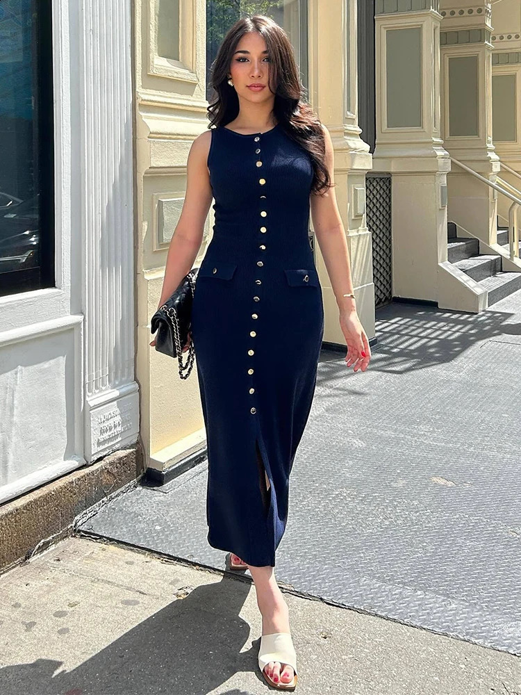 Womens Knitted Open Collar Dress Summer Sleeveless Fashion Elegant Button Body 240819