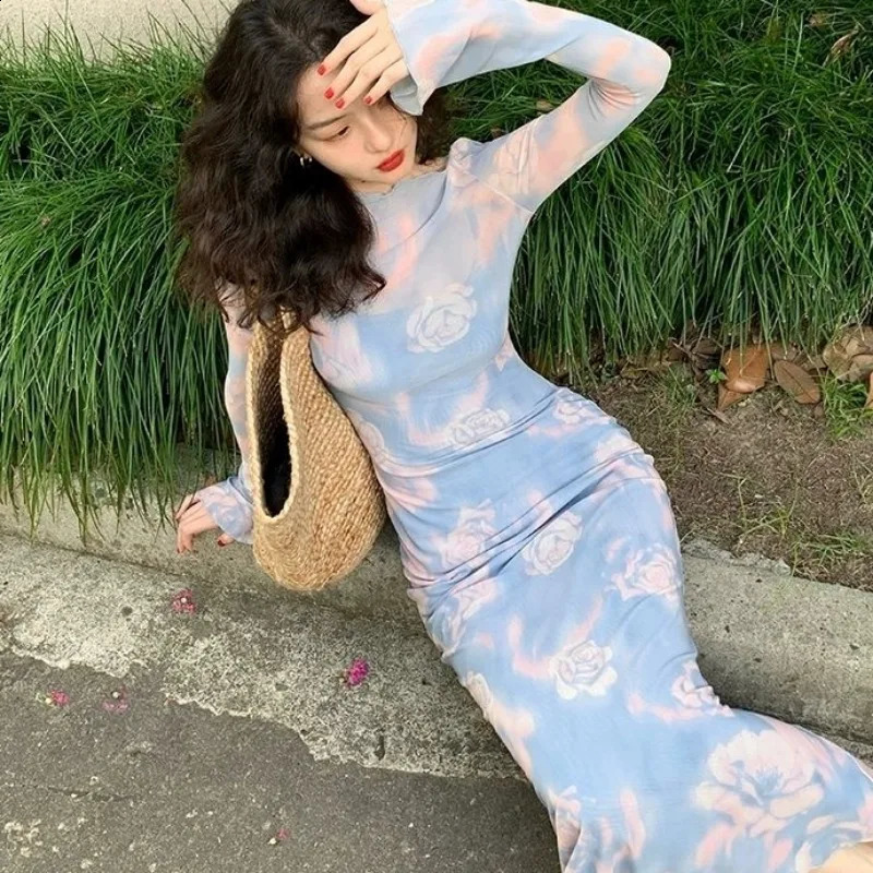 2pecs Long Sleeve Dresses Women Slim Ankle-length Vintage Rose Spring Autumn Basic Streetwear Sexy Graceful Female Hip Wrap 240819