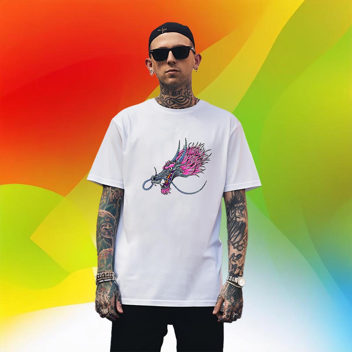 Wholesale dragon head Men T Shirts Casual Daily Wear Men Tops Tees 230g Pure Cotton 2024 DIY Breathable Short Sleeve Asian Size Top Tees