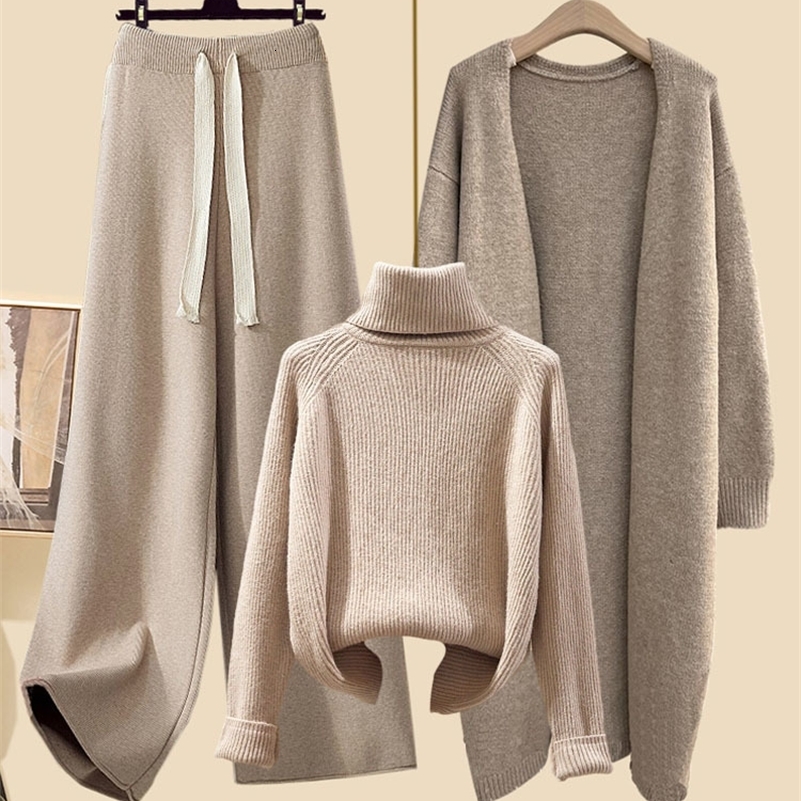 Autumn Winter Warm Knitwear Sets For Women Outfits Ladies Elegant Turtleneck Sweaterlong Cardigan Jacketwide Leg Pant Set 240819