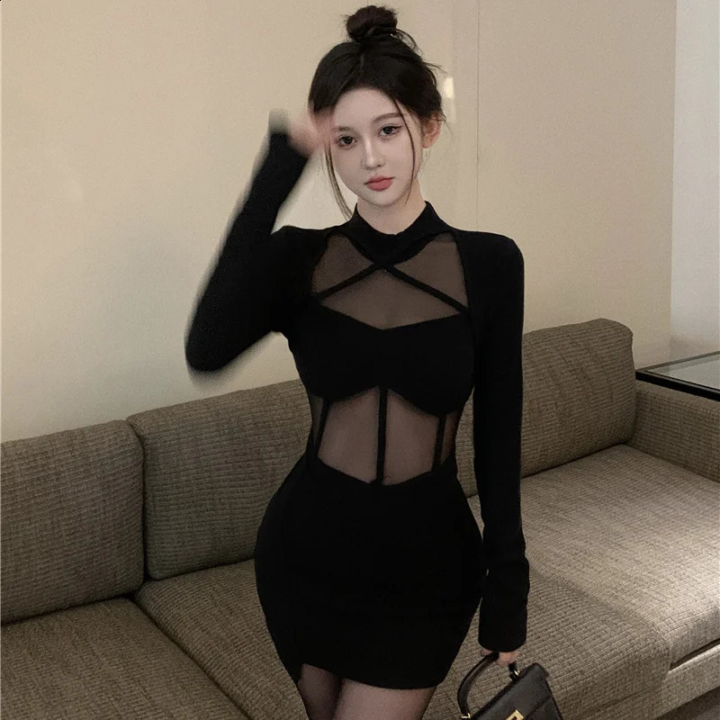 Long Sleeve Dresses Women Halter Elegant Black Sexy Slit Fashion Skinny Spring sweet Sheer European Style Ankle-length Party 240819