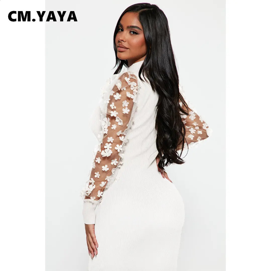 CM.YAYA Elegant Women Floral Applique Mesh Long Sleeve Knit Ribbed Sweater Dress Fashion Autumn Winter Bodycon Dresses Vestidos 240819