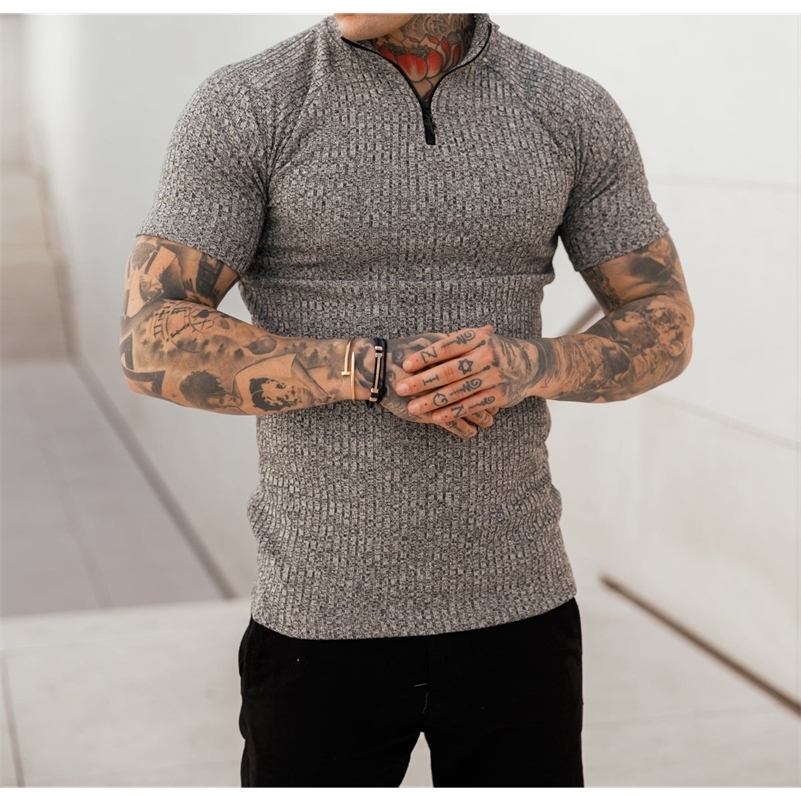 Mens Slim-fit Multi-color Zipper Standing Collar Polo Shirt Mens Casual Vertical Stripes Short Sleeve Youth Mens Wear 240819