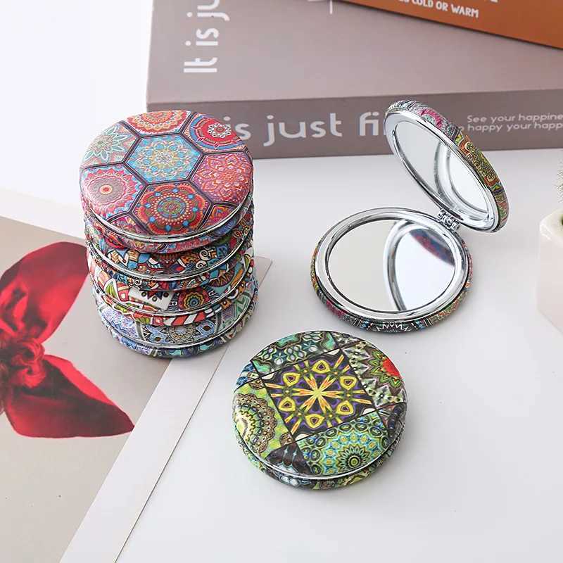 1 Piece Bohemian Style Makeup Mirror Portable Pu Double-Sided Folding Circular Retro Pocket Makeup Mirror Y240819