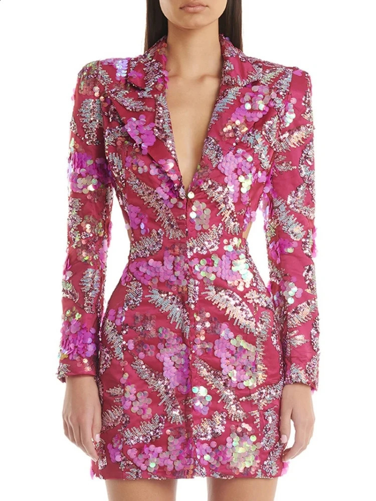 Womens Sexy Long Sleeves Sequins Mini Dress Sexy Backless Sequined Mini Bodycon Blazer Dresses Celebrity Party Evening Gowns 240819