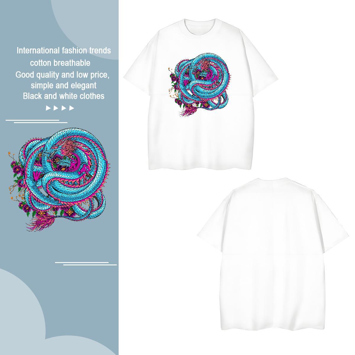 T Shirt For Man 230g Pure Cotton dragon Spring Summer Round Neck Short Sleeve Cartoon Printing L-4XL Couples T Shirts Classic Casual Comfortable Cloth