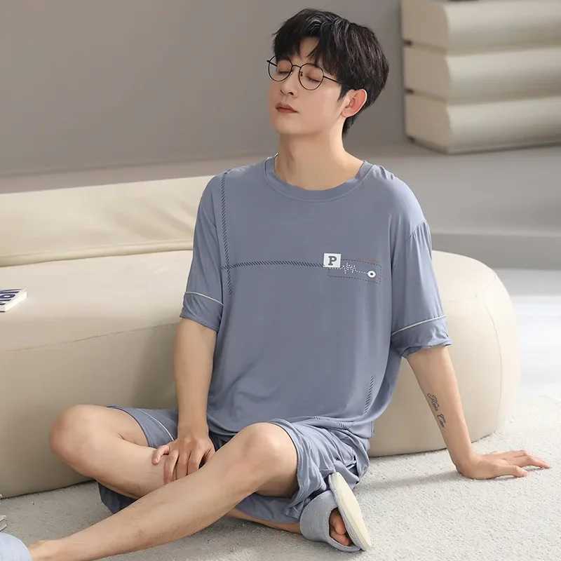 Modal Sleepwear Mens Summer Thin Round Neck Short Sleeve Ice Cool Summer New Home Set Mens Pajama SetW240719