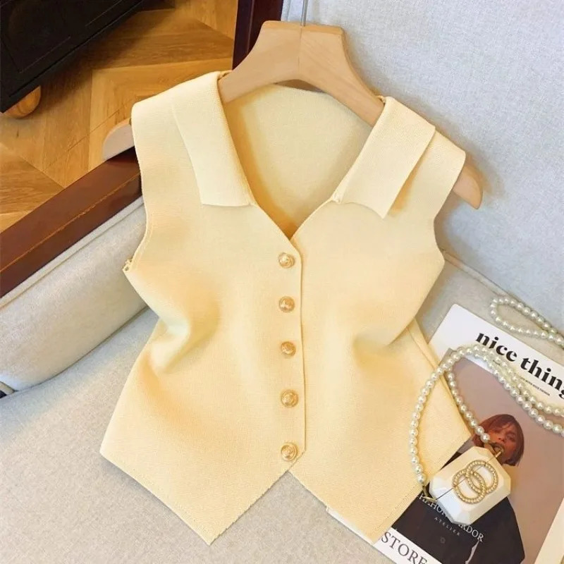 Vneck set womens summer silk knitted cardigan wool sweater French sleeveless slim fit top 240819