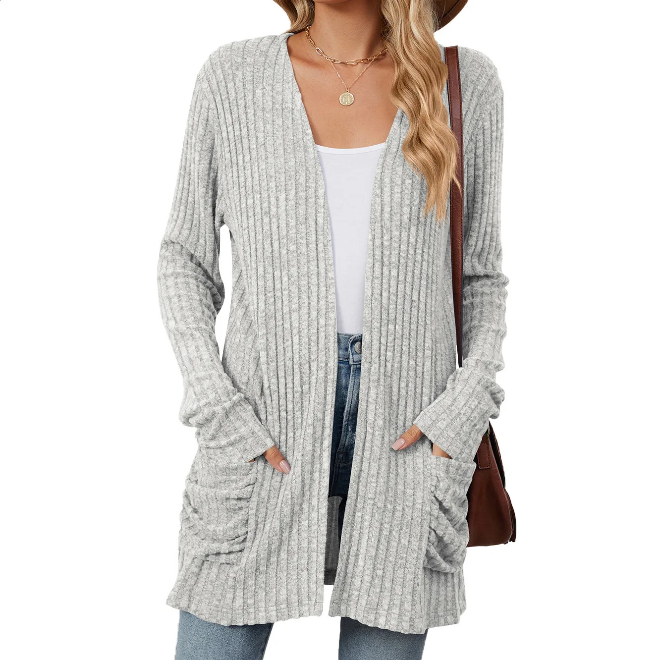 Womens fashionable casual solid cardigan wool sweater pocket knitted top front long sleeved autumnwinter coat 240819