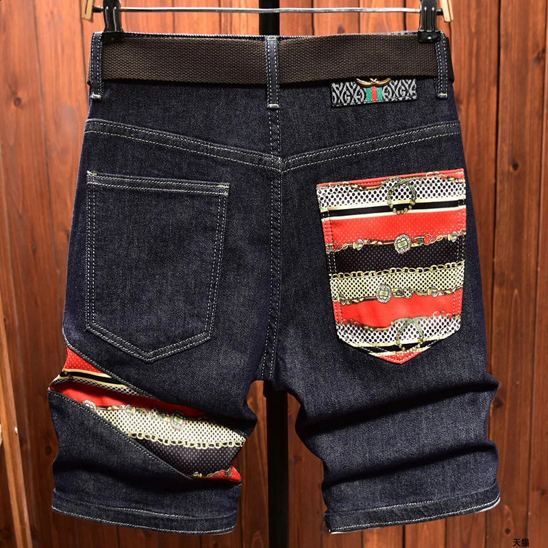 High end summer thin denim shorts mens pentagonal ultrathin fit printed fashionable Korean blue 240819