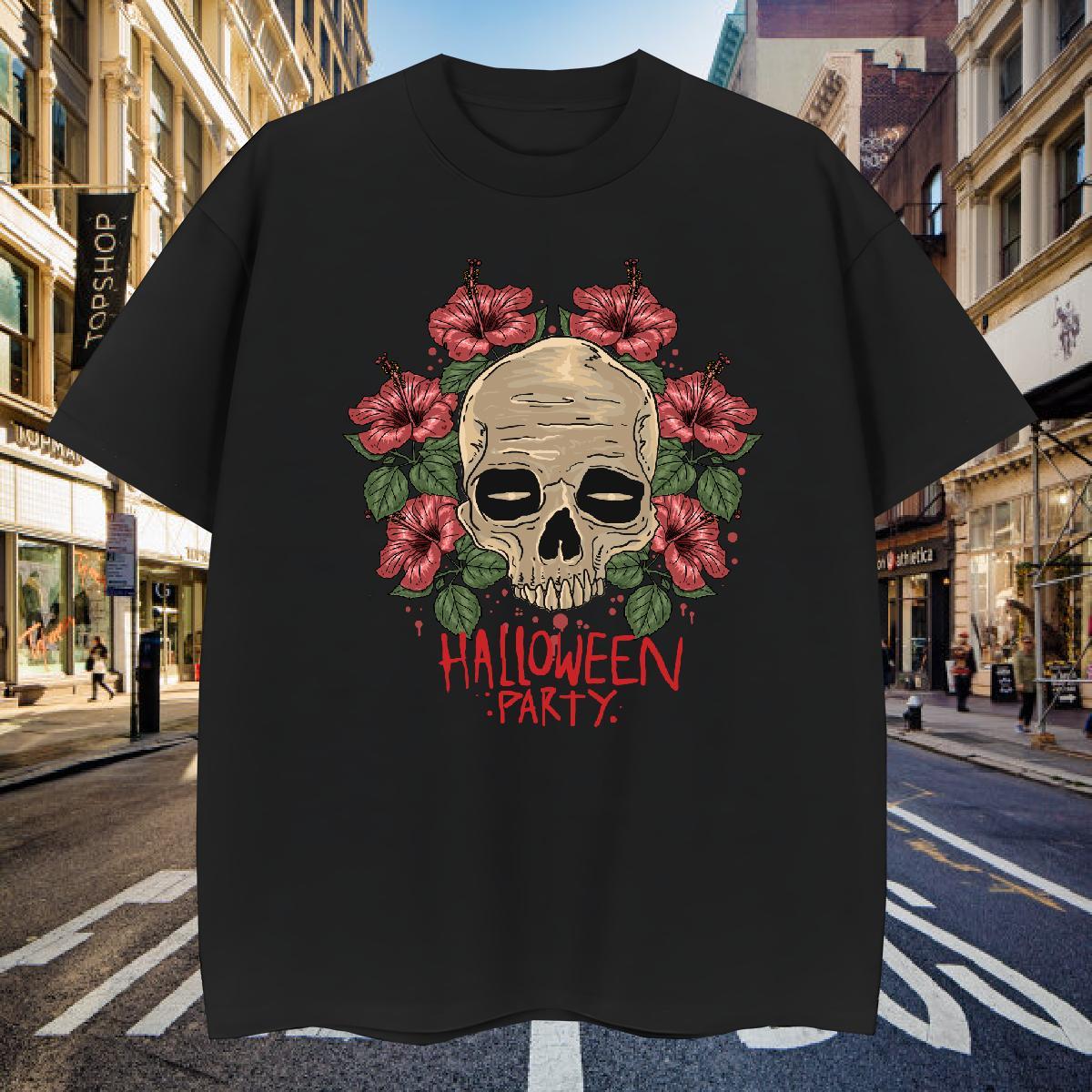 Men T Shirts 230g 100% Cotton skull Hip Hop Street Short Sleeve Soft Floral Print Tshirt for Man Woman 2024 New Popular Tops Tees