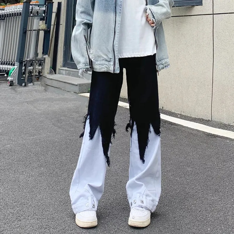 Y2K Fashion Black White Spliced Baggy Flared Stacked Jeans Pants For Men Clothing Women Wide Leg Long Trousers Ropa Hombre 240819