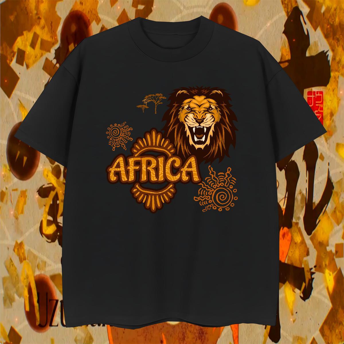 TOP Quality T-Shirts Africa lion Breathable Crew Neck Spring Summer Floral Print 230g 100% Cotton Men Tshirts Casual New Wear