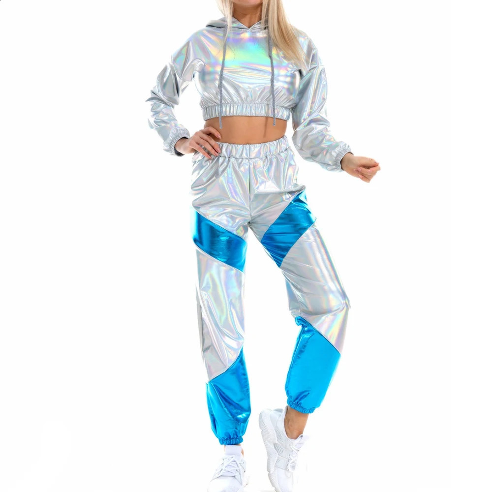 Street Clothing Y2K Womens Holographic Wetbook Hoodies Crop Top Tshirts Sports Pants Goods Trousers Tracking 240819