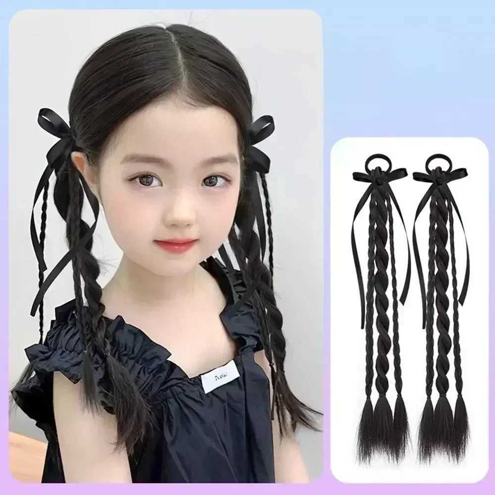 Female synthetic wig 50cm double ponytail ribbon bow wig 2PC ball head wig extended childrens girl gentle casual hairstyle W240817