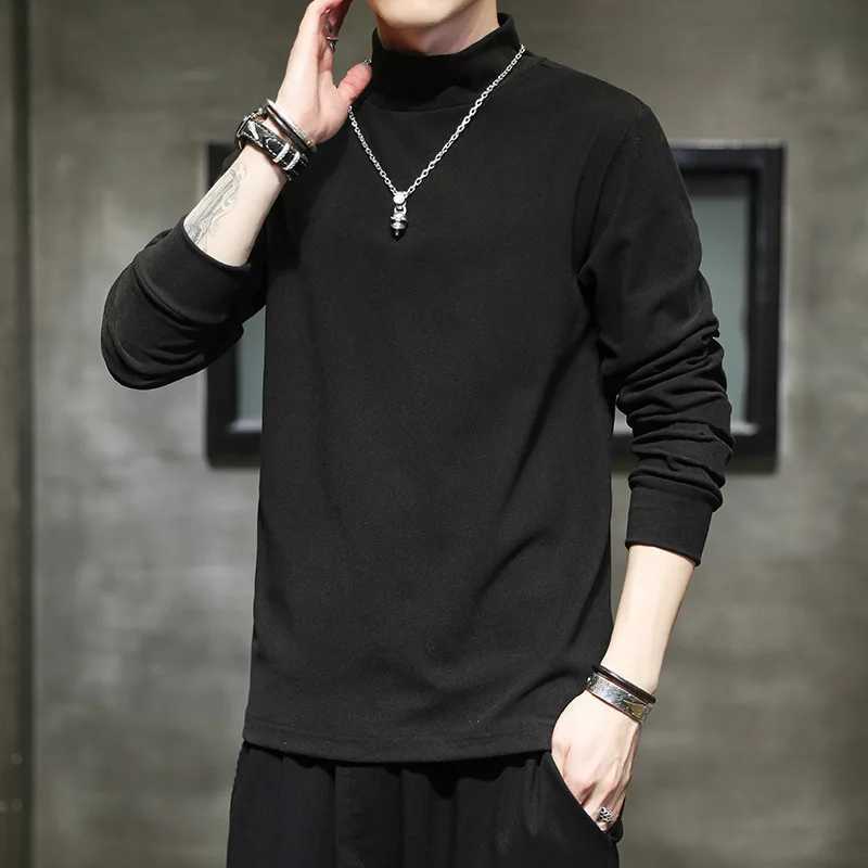 2023 Autumn Mens T-Shirts Spring High Collar Slim Tee Shirt Long Sleeve Solid Color De Rong Warm Basic Tops Man UndershirtsXJ240819