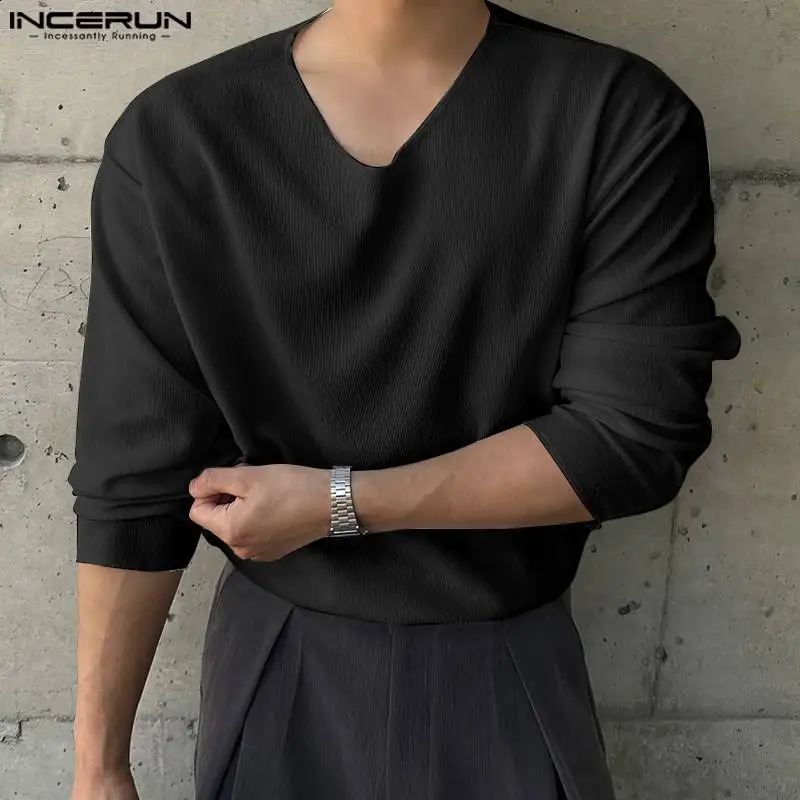 INCERUN Tops Korean Style Fashion Mens Loose V-neck Knitted T-shirts Summer Casual Streetwear Long Sleeved Camiseta S-5XL 240820