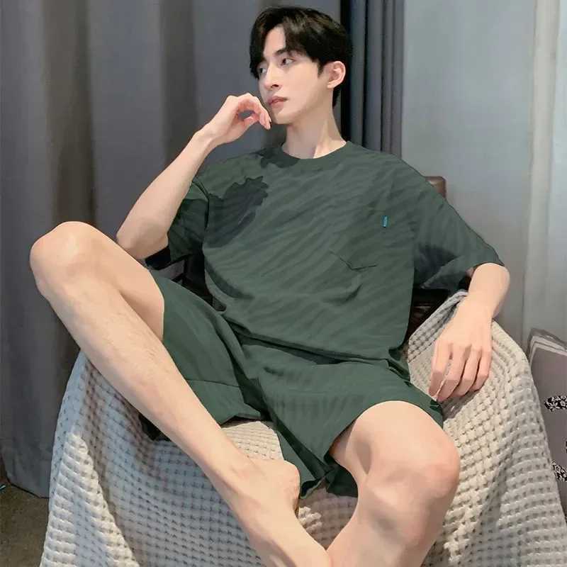Sleepwear color mens cool suit collar summer fashion soft shorts casual loose 2-piece sleepwear simple sleeves solid sleepwearW240719