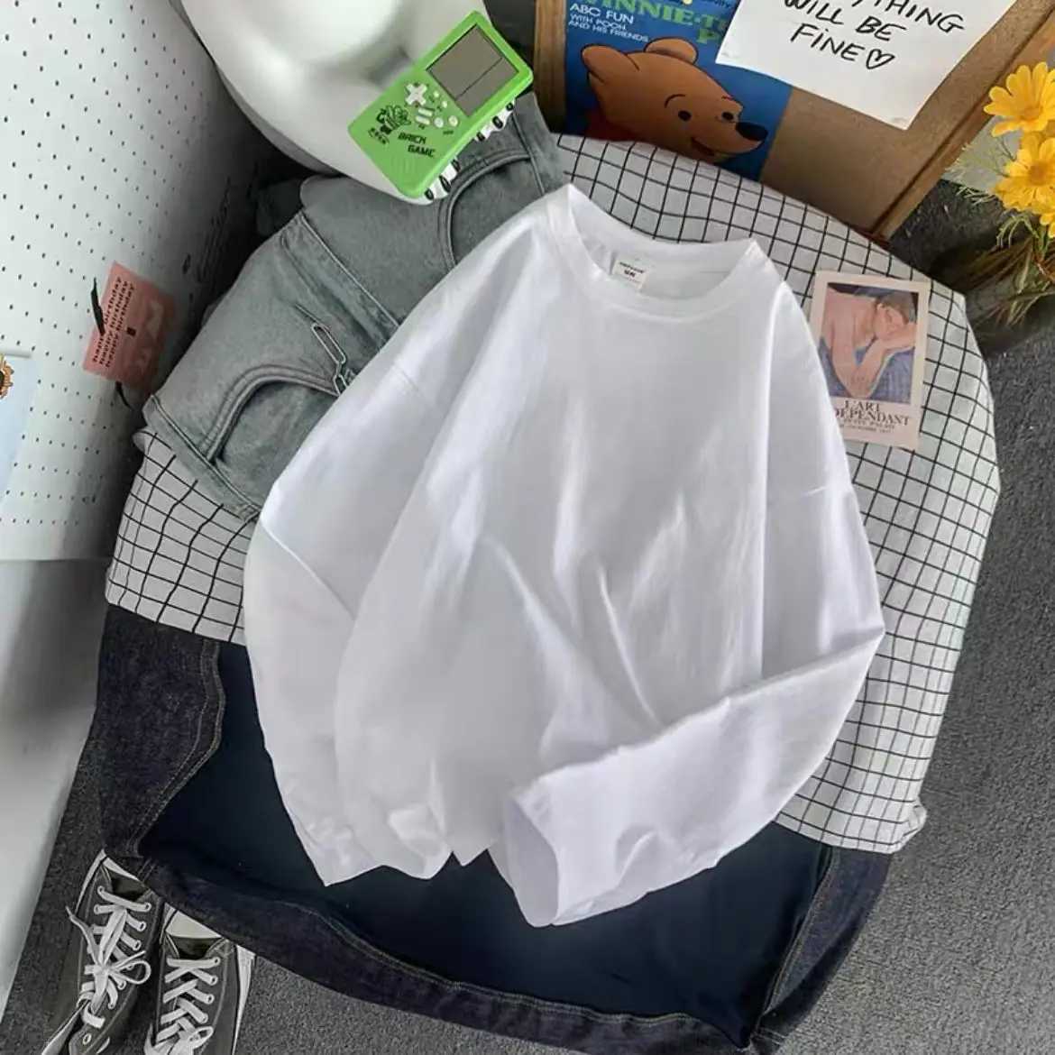 Autumn Men T-shirts Long Sleeve Loose Solid Color Drop Shoulder Tops For Unisex Korean Style 100% Cooton Male Casual TeesXJ240819
