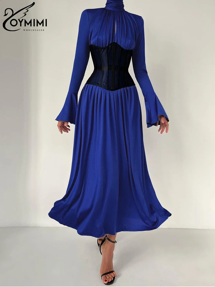 Oymimi Sexy Slim Blue Knitted WomenS Dress Fashion Turtleneck Long Sleeve Ankle Length Dress Elegant Pleated Hollow Out Dress 240819
