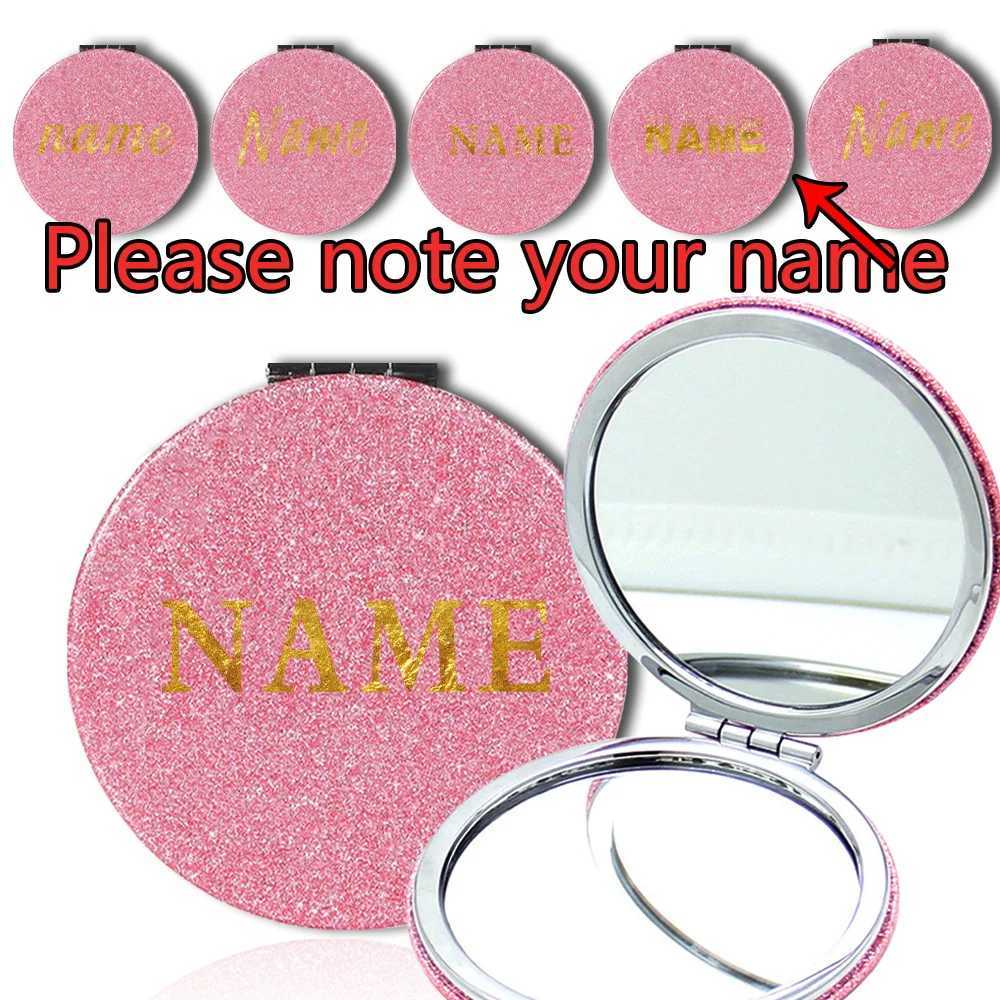 Customized Name Double Sided Shiny Makeup Mirror PU Handheld Magnifying Mirror Travel Beauty Cosmetic Tool Personalized Pattern Y240819