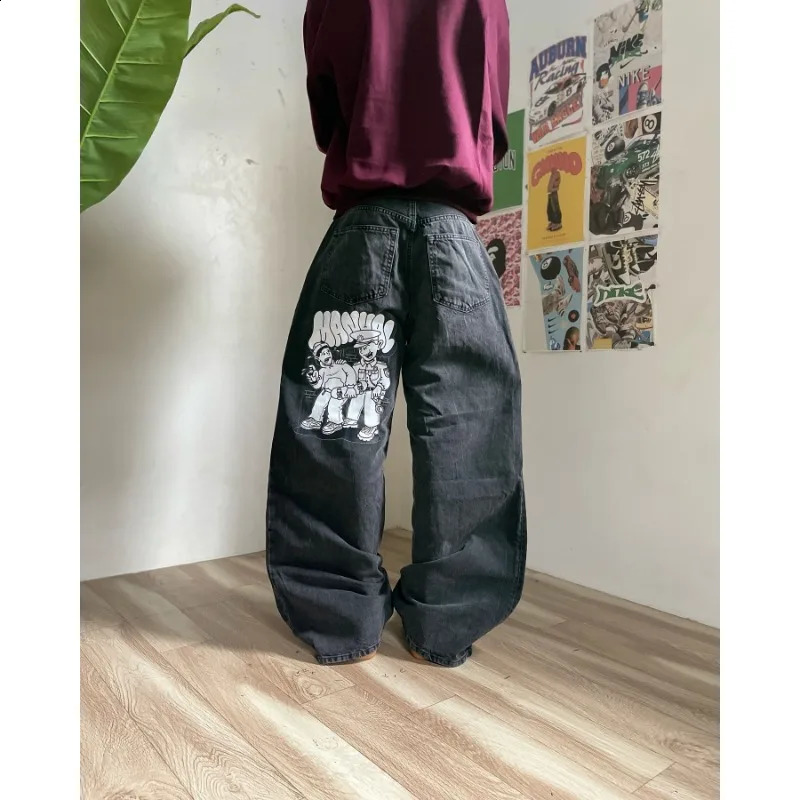 High street geometric print black oversized jeans men clothing y2k clothing 2000s American casual straight baggy pants 240819