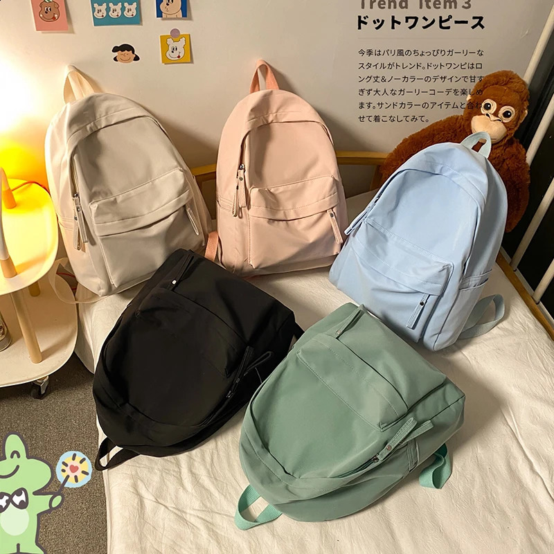 Simple solid color womens backpack waterproof nylon school bag teenage girls travel shoulder 240820