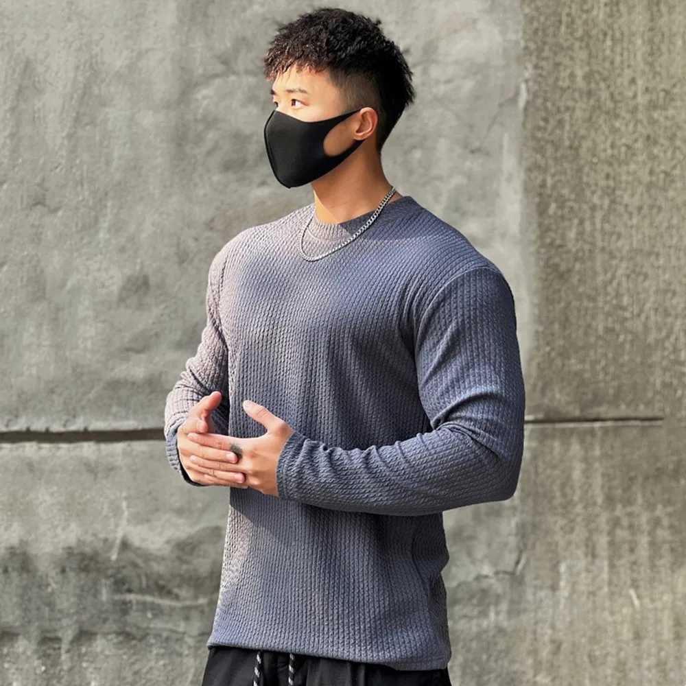 Autumn Winter Casual T-shirt Men Long Sleeves Solid Shirt Gym Fitness Bodybuilding Tees Tops Male Fashion Slim Stripes ClothingXJ240819