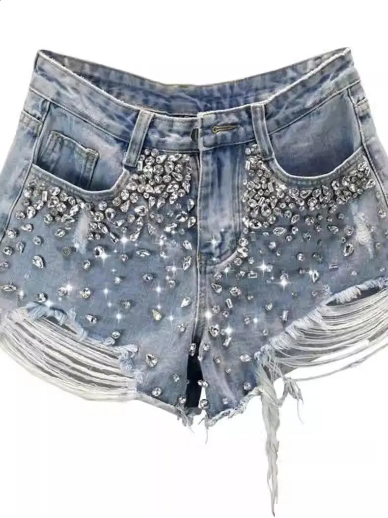 Fashion Diamond Hole Denim Shorts Summer 2024 Womens Sexy High Waist Jeans Booty Shorts 240820