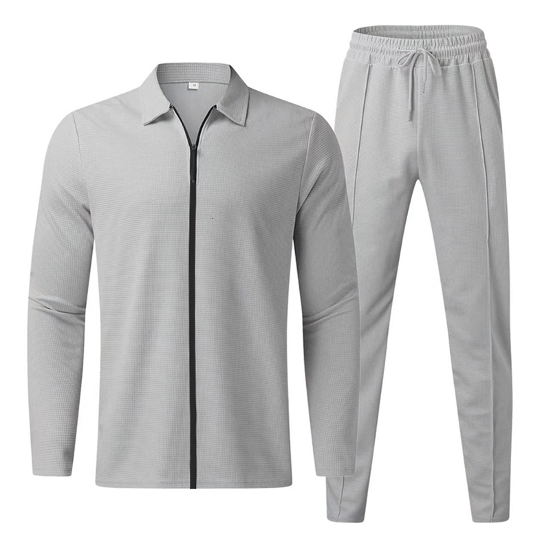 2024 Spring Mens Waffle Long sleeved Lapel Set Fashion Zipper Cardigan Coat Long Pants Light Mature Casual Sports Set 240819