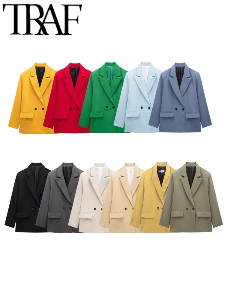 TRAF Office Womens Loose Color Jacket Summer Long Sleeve Double Chest Coat Y2k OL Top 240819