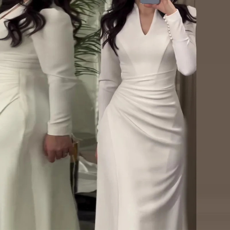Dress Women Solid Long Dresses V Neck Full Sleeve Slim Fit Sheath Splice Regular Elegant A Line Vestidos Office Ladies 240819