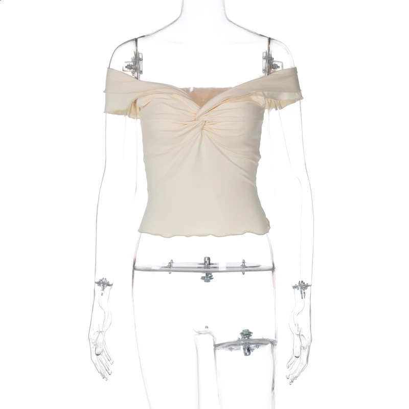 Lygens Off The Shoulder Sleeveless Cross Ruffles WomenS Tops Tshirts Solid Slim Summer Streetwear Fashion Casual Clothing 240819