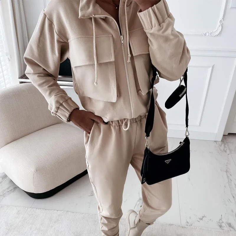 Women Tracksuit Turndown Collar Zipper Cardigan Solid Outerwear Pencil Pants Two Pieces Set Slim Fit Sports Casual Pockets 2024 240819
