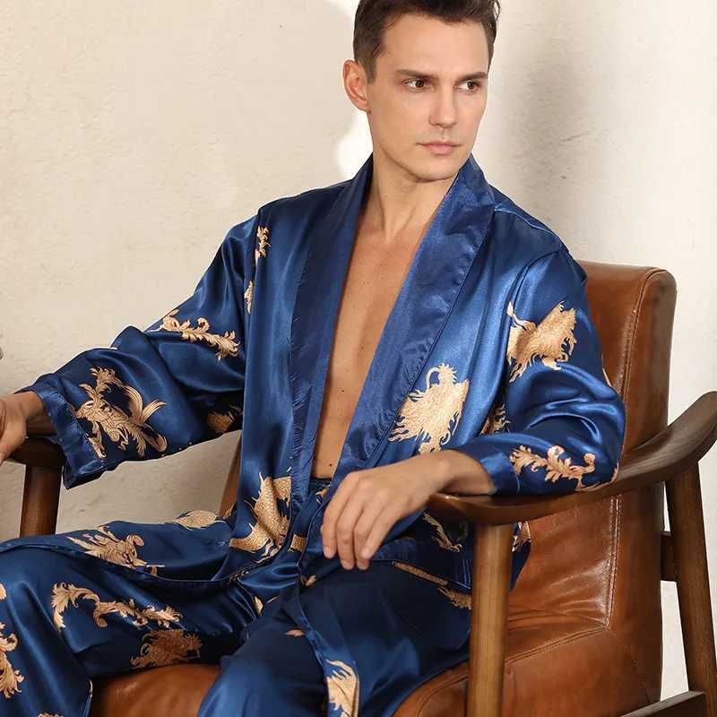 Mens satin pajamas robes and pants Dagong pajamas set printed mens pajamas and kimono bathroom gowns synthetic silk lounge clothing home clothingW2407