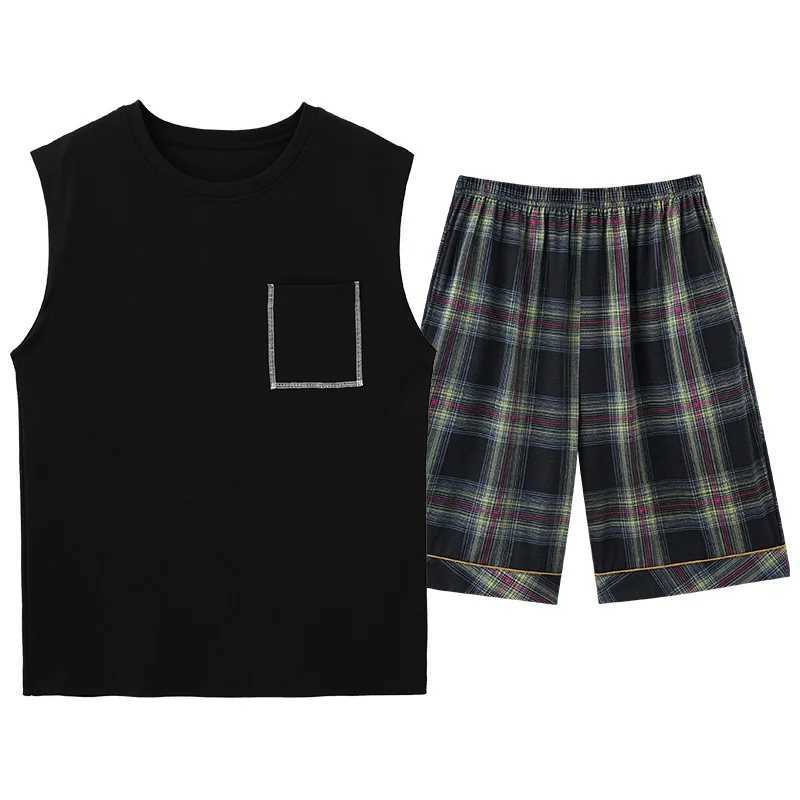 Fashion Summer Letter Print Pajamas Sets for Men Plaid Pants Knit Cotton Male Sleepwear Big Yards 4XL Home Wear Lounge Nightwear W250717