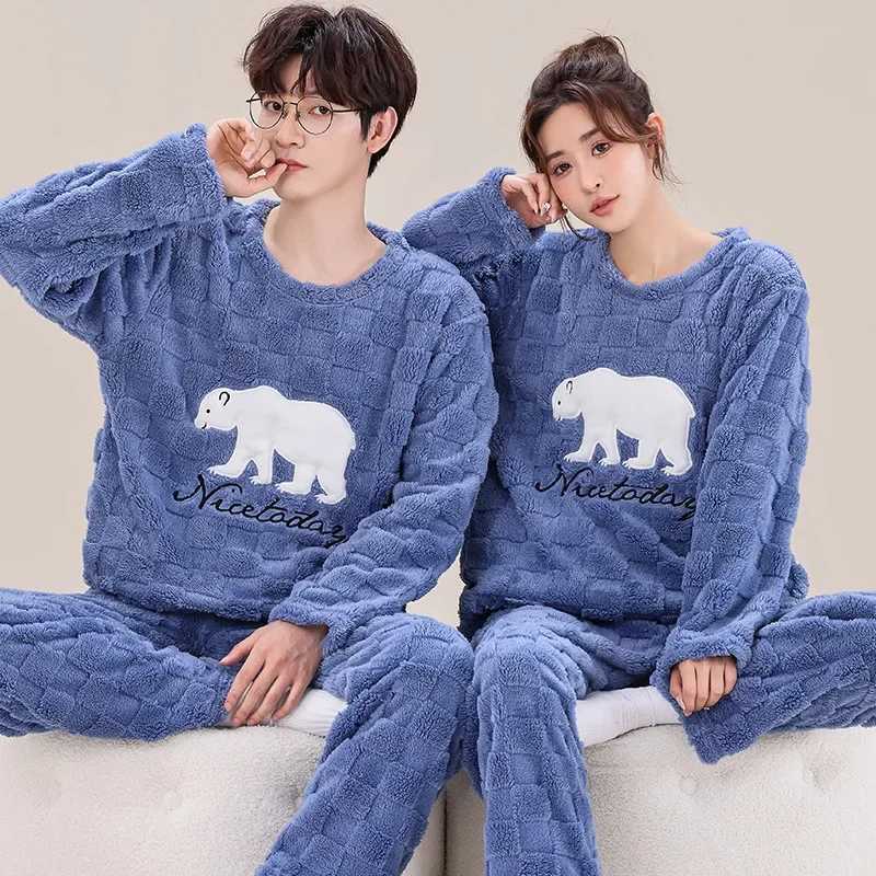 New couple pajamas set Warm flannel plush winter long sleeved O-neck pajamasW240719