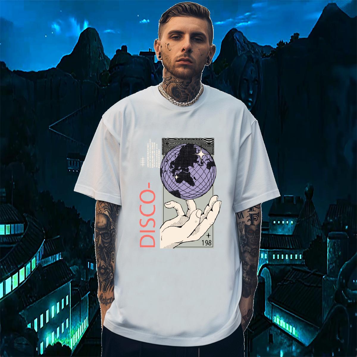Cool disco 230g Pure Cotton Mens Tshirts Daily Outfit Breathable Crew Neck T-Shirts New Arrival Cartoon Printing L-4XL Tops Shirt