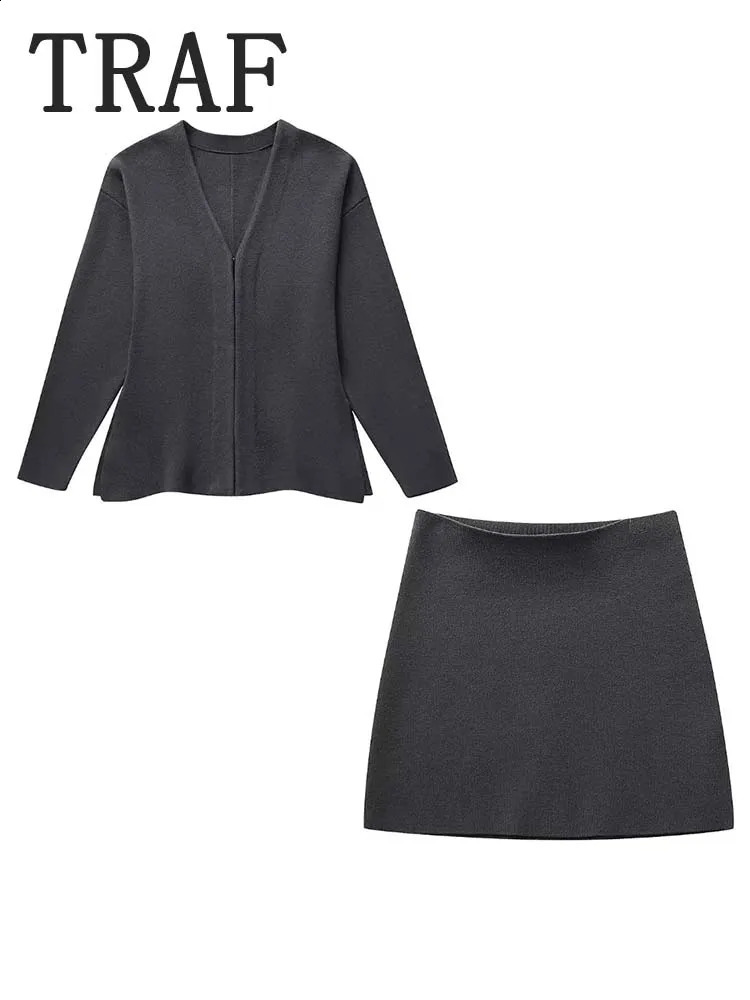 TRAF Women Knit Mini Skirt Sets For Women 2 Pieces Knit Coat Women Suits Two Piece Set Women Outfit Streetwear Clothing 240820