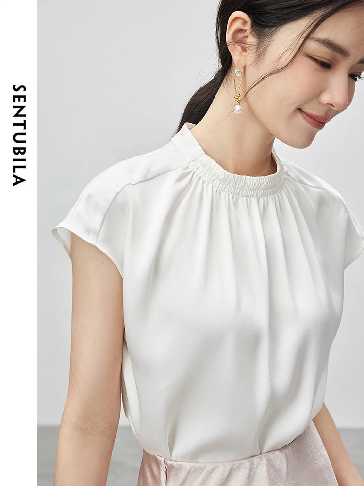 SENTUBILA Elegant Stand up Chiffon Shirt and Summer Loose Simple Short Sleeve Top Womens Zipper 142V53541 240814