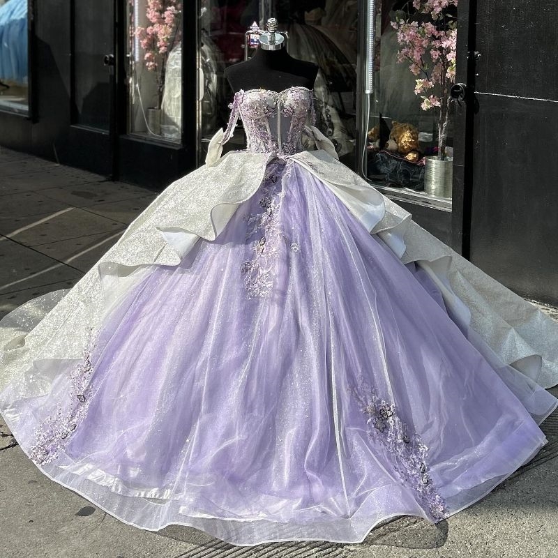 Sparkly Lilac Off the Shoulder Ball Gown Quinceanera Dress Sweetheart Applique Lace Bead Birthday Party Sweet 16 Vestidos De 15 Anos
