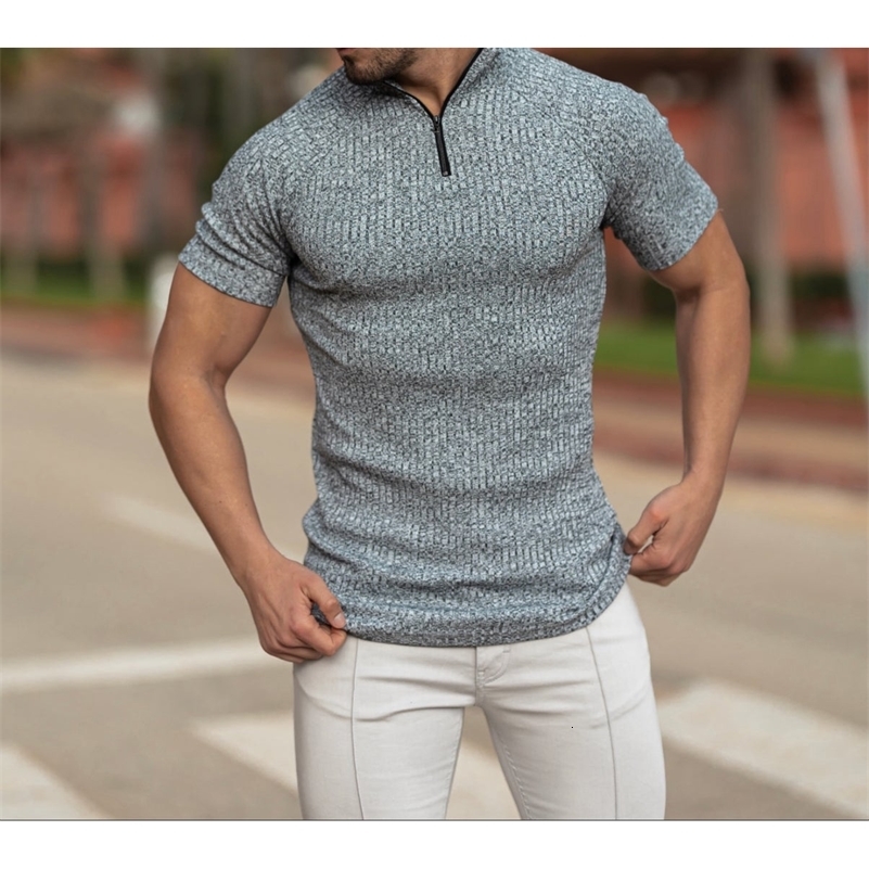 Mens Slim-fit Multi-color Zipper Standing Collar Polo Shirt Mens Casual Vertical Stripes Short Sleeve Youth Mens Wear 240819