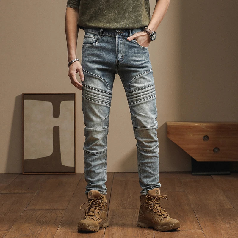 American high-end trend Slim personality craft splicing biker small leg pants vintage mens jeans distortion denim 240819