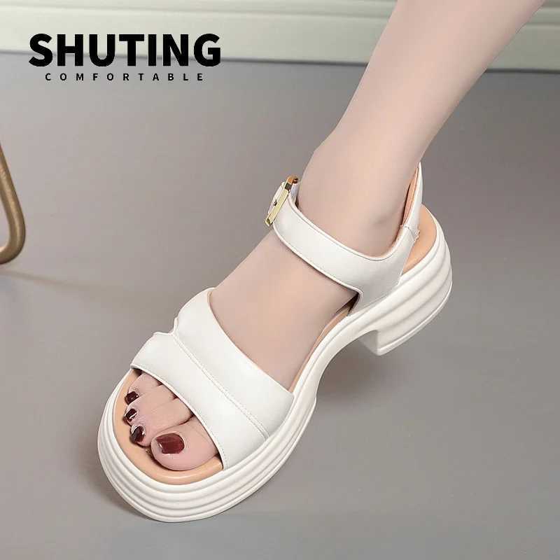 2024 High Heels Platform Soft Leather Casual Sandals Woman Open Head Block Heel Elegant Summer Buckle Soft Sole Sandals CL240806